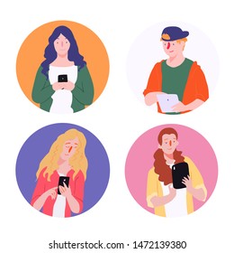 Generation z. Guy and girl with device. Character illustration isolated on round frame. People vector illustration set in flat style.
