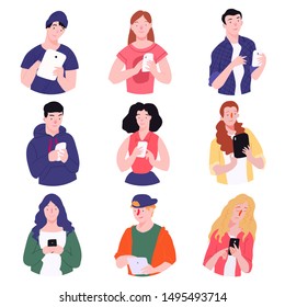 Generation z. Guy and girl with device. Character illustration isolated on round frame. People vector illustration set in flat style.