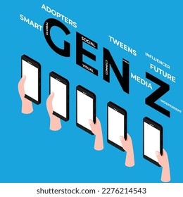 Generation Z with hands holding cellphone 3d isometric vector illustration concept for banner, website, landing page, ads, flyer template