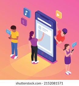 Generation Z isometric concept with young people using smartphone vector illustration