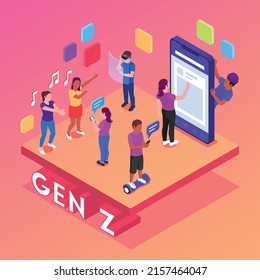 Generation Z isometric concept with young people using different gadgets vector illustration
