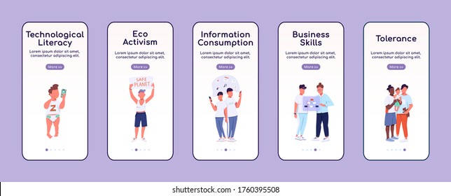 Generation Z onboarding mobile app screen flat vector template. Modern youth, gen Z traits walkthrough website steps with characters. UX, UI, GUI smartphone cartoon interface, case prints set