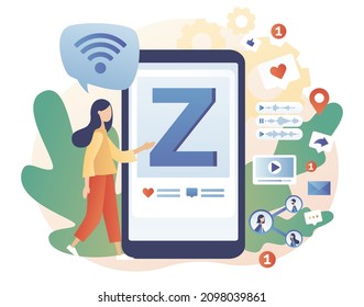 Generation Z. Online-Lifestyle. Internetkultur. Progressive junge Mädchen, die Smartphone zu kommunizieren. Neuer und moderner demografischer Trend. Moderner, flacher Cartoon-Stil. Vektorgrafik 