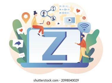 Generation Z. Online lifestyle. Internet culture. Progressive young teens using technology and gadget to communicate. New and modern demography trend. Modern flat cartoon style. Vector illustration 