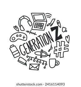 Generation z poster round composition isolated on white background. Text with digital symbols circle badge. Vector doodle illustration.