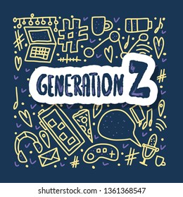 Generation z poster with sticker. Text with digital symbols. Vector concept illustration.