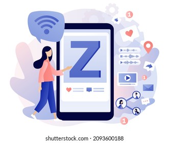 Generation Z. Progressive junge Mädchen, die Smartphone zu kommunizieren. Neuer und moderner demografischer Trend. Online-Lifestyle. Internetkultur. Moderner, flacher Cartoon-Stil. Vektorgrafik 