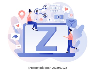 Generation Z. Progressive young teens using technology and gadget to communicate. New and modern demography trend. Online lifestyle. Internet culture. Modern flat cartoon style. Vector illustration 
