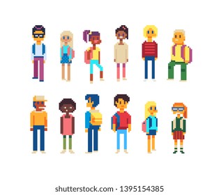 Generation z. Schoolchildren or students. Multiracial group of young people. Traveler standing with backpack. Isolated vector illustration. Design for web and mobile app. 