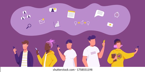 Generation Z social networking flat concept vector illustration. Young people with smartphones 2D cartoon characters for web design. Modern information technologies, online communication creative idea