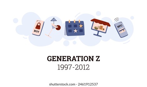 Generation Z traits concept. Vector illustration set: online shopping, social media, gig economy, digital payments. Icons for finance, lifestyle trends, technology adoption.