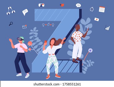 Generation Z traits flat concept vector illustration. Diverse young people with gadgets 2D cartoon characters for web design. VR entertainment, music culture and gender identity creative idea