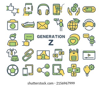 Generation Z vector colorful icon set on white background.
