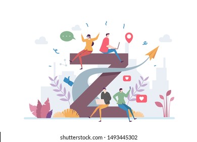 
Generation Z Vector Illustration Concept Showing A Group Of Young Teen Using Technology And Gadget To Communicate, Suitable For Landing Page, Ui, Web, App Intro Card, Editorial, Flyer, And Banner.
