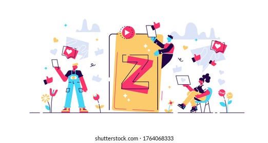 Generation Z vector illustration. Flat virtual tiny persons messaging concept. New and modern demography trend with progressive youth gen. Technology influence on teenagers. Online friends lifestyle.