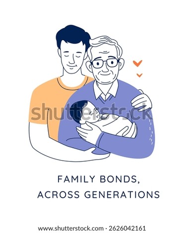 Generational Bond. Three Generations, Grandfather, Father, and Baby Together in Vector Family Illustration. Grandpa, Dad, and Infant in Modern Flat Style.