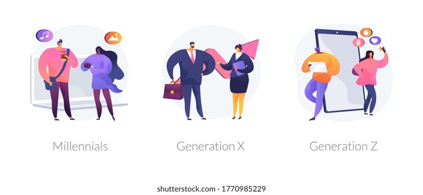 Generational change abstract concept vector illustration set. Millennials, Generation X and Z, digital native, middle age, parents, hyper-connected world, childhood with tablet abstract metaphor.