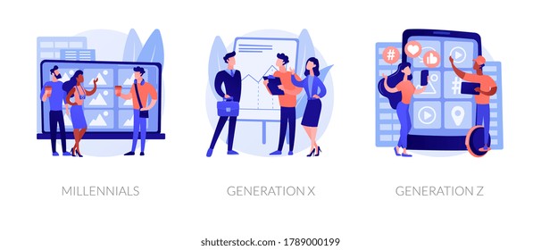 Conjunto de ilustración vectorial de concepto abstracto de cambio generacional. Millennials, Generación X y Z, nativa digital, edad media, padres, mundo hiperconectado, infancia con tabletas metáforas abstractas.