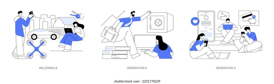 Conjunto de ilustración vectorial de concepto abstracto de cambio generacional. Millennials, Generación X y Z, nativa digital, edad media, padres, mundo hiperconectado, infancia con tabletas metáforas abstractas.