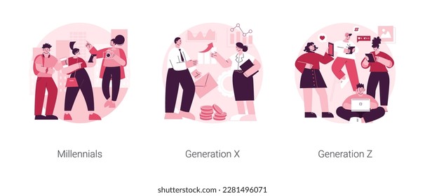 Generational change abstract concept vector illustration set. Millennials, Generation X and Z, digital native, middle age, parents, hyper-connected world, childhood with tablet abstract metaphor.