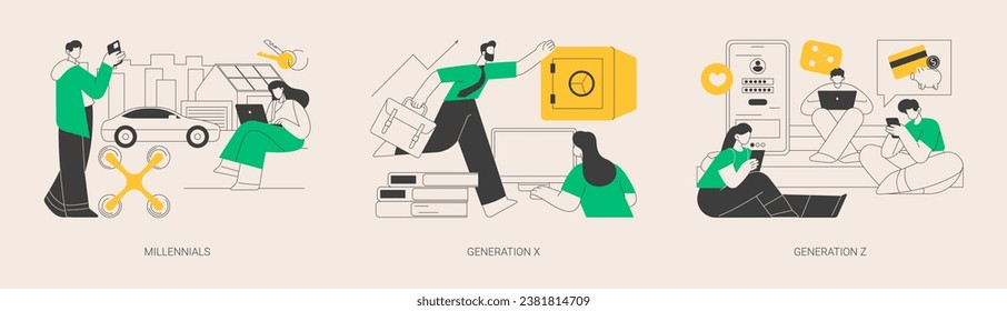 Generational change abstract concept vector illustration set. Millennials, Generation X and Z, digital native, middle age, parents, hyper-connected world, childhood with tablet abstract metaphor.