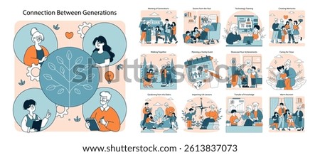 Generational Connection set. Scenes depicting diverse interactions between different generations engaging in various activities that strengthen family bonds. Vector illustration.