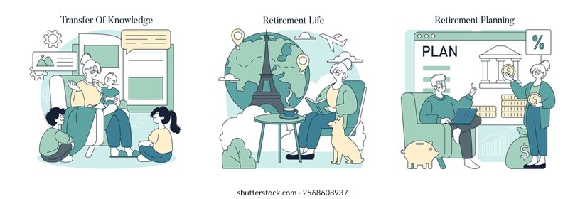 Generational wisdom and retirement planning set. Elderly woman sharing knowledge, enjoying travels, and managing finances. Intergenerational learning, leisure, and fiscal strategy. Vector illustration