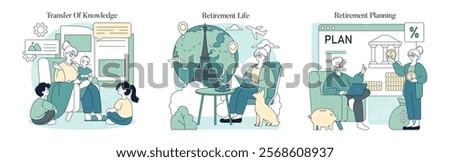 Generational wisdom and retirement planning set. Elderly woman sharing knowledge, enjoying travels, and managing finances. Intergenerational learning, leisure, and fiscal strategy. Vector illustration