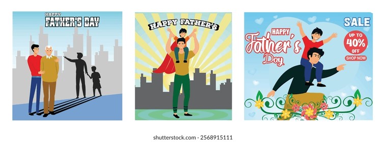 Generations and Family Bonding in Urban Setting. Dad in superhero costume holds son. Sale Poster Happy Father's Day with Family. Set flat vector modern illustration 