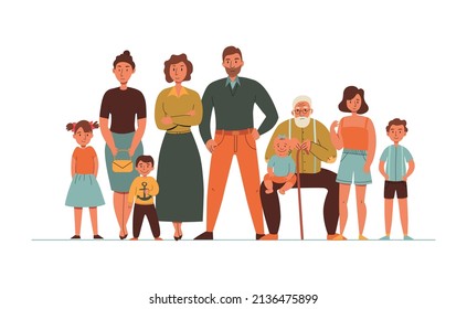 Generations family composition with flat cartoon style characters of family members with elderly people adults and kids vector illustration