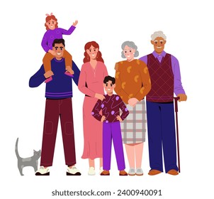 Generations of family concept. Smiling mom and dad, grandfather and grandmother, daughter and son. Happy family portrait with children. Cartoon flat vector illustration isolated on white background