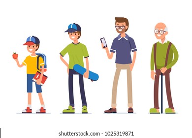 Generations of man. Different age mens standing together. Flat style vector illustration isolated on white background.