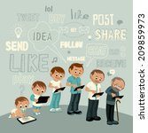 Generations Men with tablet. All age categories. Infancy, Childhood, Adolescence, Youth, Maturity, Old Age. Development with a computer. Social Media sign and symbol. Easy editable for Your design. 