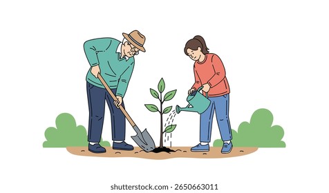 Generations planting a small tree together in the garden on a sunny day with lush green foliage surrounding them