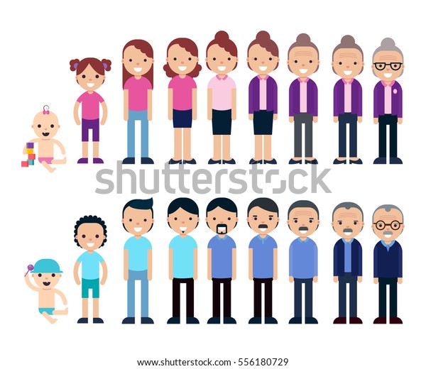 世代間で 異なる年齢の男女と平らなスタイルの分離型ベクターイラストを並べたコンセプト のベクター画像素材 ロイヤリティフリー