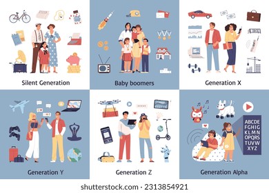 Generations set of six square compositions with isolated icons and doodle human characters representing certain generation vector illustration svg