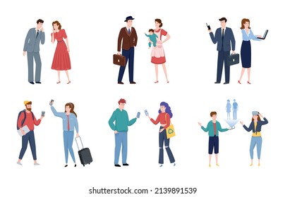 Generations theory flat composition with isolated human characters of couples associated with certain generation millenials boomers vector illustration