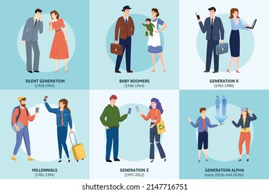 Generations theory flat set of six square compositions with text captions and doodle style human characters vector illustration