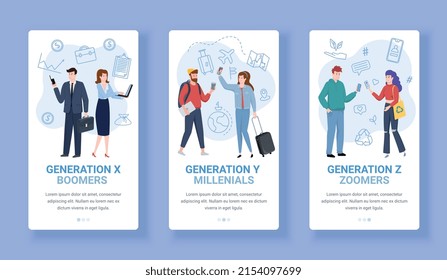 Generations theory set of three vertical banners with text and compositions of human characters and pictograms vector illustration