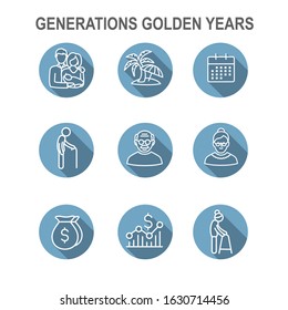 Generations w Golden Years Icon Set with retirement calendar , money, etc