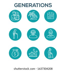 Generations w Golden Years Icon Set with retirement calendar , money, etc