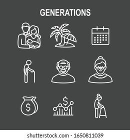 Generations w Golden Years Icon Set with retirement calendar , money, etc