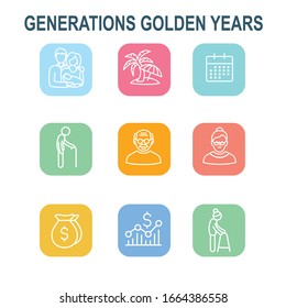 Generations w Golden Years Icon Set with retirement calendar , money, etc