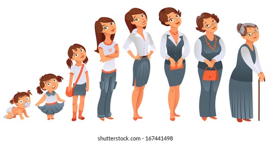 Generations woman. All age categories - infancy, childhood, adolescence, youth, maturity, old age. Stages of development. Vector illustration