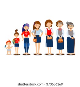 Generations woman. People generations at different ages. All age categories - infancy, childhood, adolescence, youth, maturity, old age. Stages of development. 