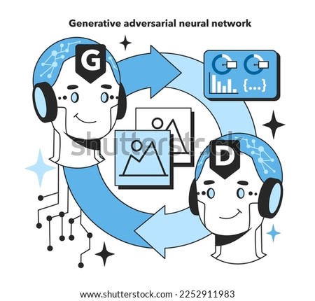 Generative adversarial artificial neural network. Self-learning computing system for data processing. Deep machine learning modern technology. Flat vector illustration