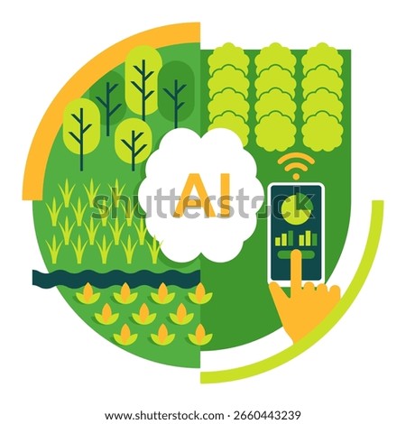 Generative AI in agriculture - unlocking real-time insights from field data, consequently empowering agronomists. Useful to accelerate decision-making. Vector concept in flat geometric style