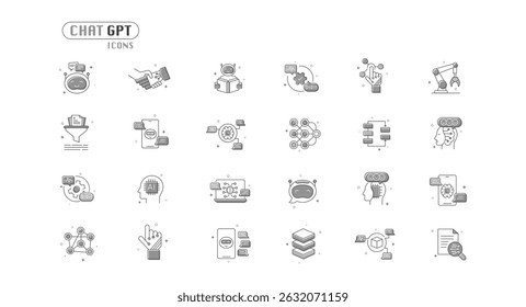 Generative AI Application Icons. Editable Vector Symbols for Chatbots, Neural Networks, and Text-to-Image Interfaces. Editable Stroke.