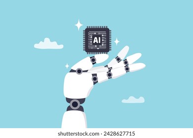 Generative AI artificial intelligence to generate output or answer question in automatic chat, deep learning or machine learning technology concept, robotic hand hold processor chip with the word AI.