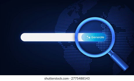 Generative AI bar under magnifying glass. Algorithm analysis, model evaluation, and fairness. Document search and data analysis using artificial intelligence technology interface. Vector illustration.